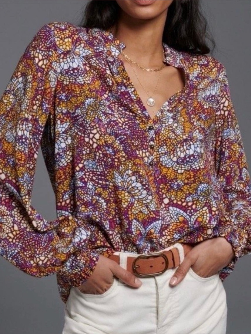 Maeve Anthropologie Mosaic Kaleidoscope Blouse V-Neck Long Sleeve Multicolor XL